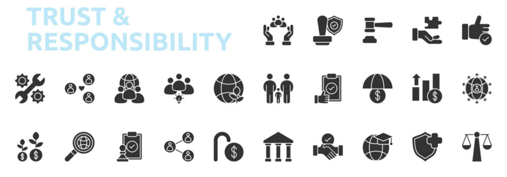 Trust And Responsibility icon glyph style with social, connection, teamwork, community, idea, sustainability icons