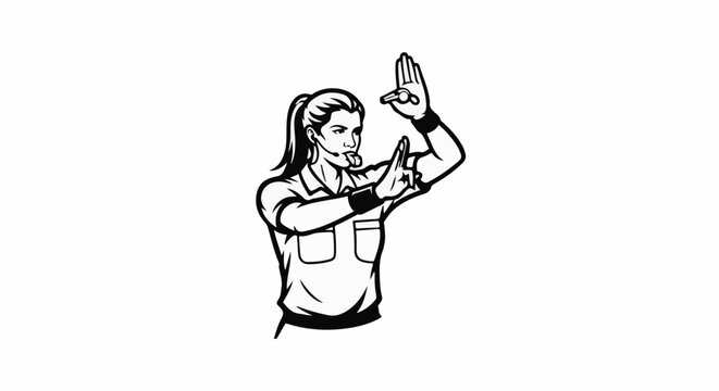 Black and white illustration of a female referee making a hand signal