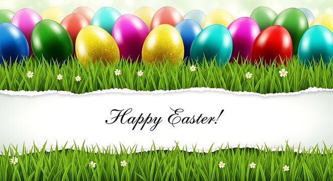 Happy Easter greeting card with colorful eggs in green grass and torn paper effect