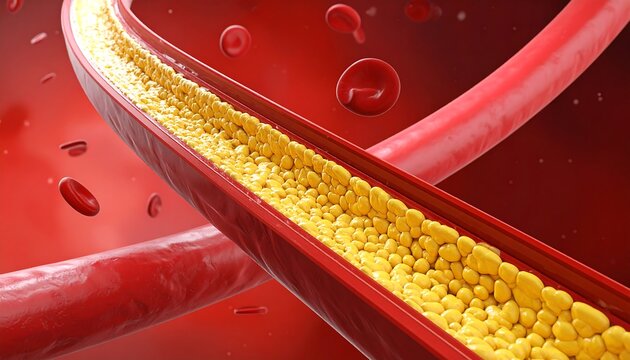 A 3D illustration of a blood vessel with yellow particles