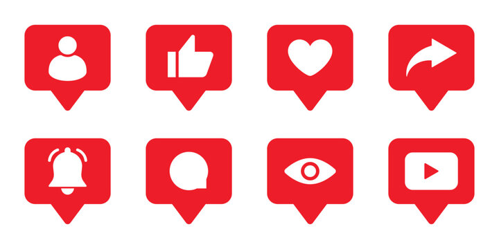 Social media notification icons set illustration with like heart share bell comment view and profile symbols modern red interface bubbles design for apps web marketing engagement communication