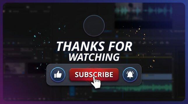 Digital animation of a glowing 'thanks for watching' message with a clickable 'subscribe' button and notification bell set