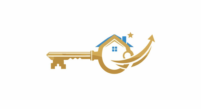 Golden key with house and rising arrow for real estate