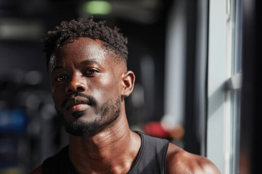 A serious and contemplative athlete, glistening with sweat, takes a moment of introspection in a gym, capturing the dedication and focus of someone committed to fitness.