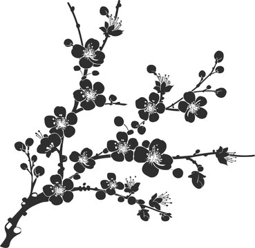 Black and white illustration of currant branches with flowers in a floral molecular inspired design pattern