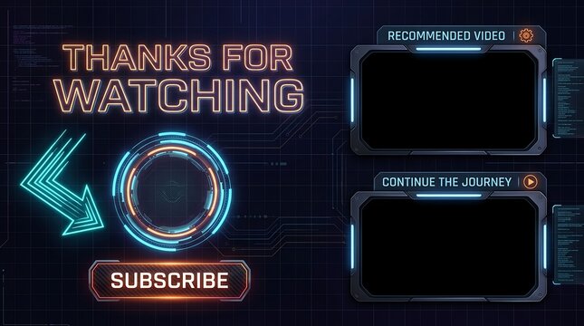 Futuristic digital hud end screen template with glowing neon arrows circular button and subscribe call to action for gaming and tech