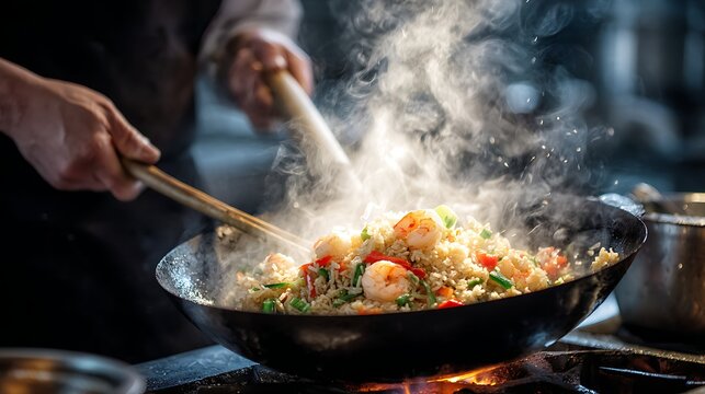Chef Cooking Shrimp Fried Rice in a Wok with Steam Rising in a Professional Kitchen