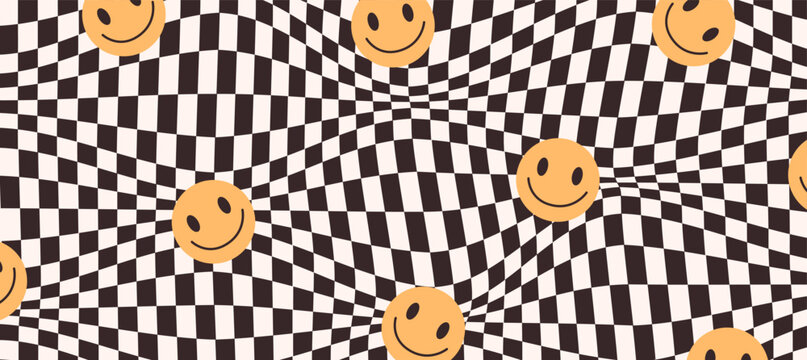 Wavy Checkered Smiley Pattern Retro Optical Background. Trendy abstract pattern with distorted checkered waves and scattered smiley faces.