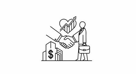 Fototapeta premium Business handshake with growth graph, buildings, and briefcase
