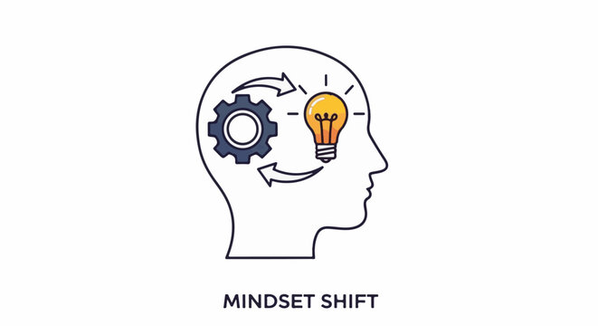 Outline of head with gear and lightbulb, representing a mindset shift
