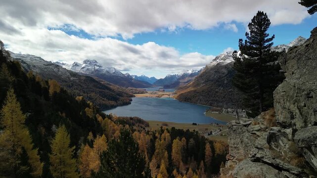 Lake Sils Silsersee in the Engadin valley in the Swiss Alps Switzerland nature aerial drone