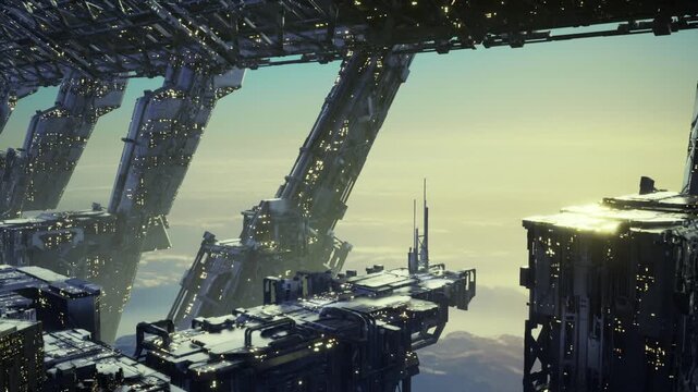 Cranes and platforms perched over void, autonomous rigs welding and hoisting beams, early light revealing sparks, clamps and girders, atmosphere charged
