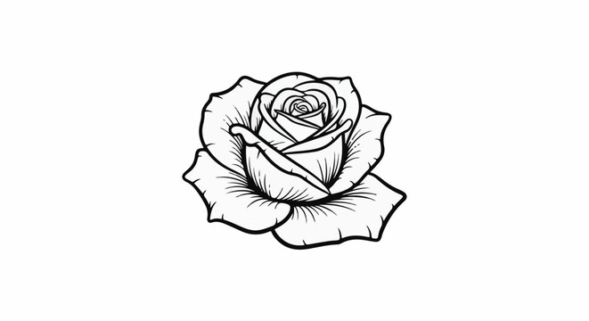 Detailed line drawing of a single blooming rose against a white background