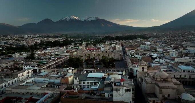 Aerial tracking view of Neoclassical Basilica Cathedral of Arequipa Peru