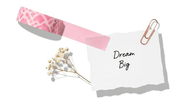 Inspirational 'Dream Big' handwritten note on torn paper with pink washi tape and dried flowers on a white background