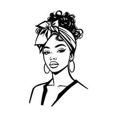 Logotipo boutique de moda. Dibujo de una mujer negra africana con un pañuelo en la cabeza y pendientes  © teracreonte