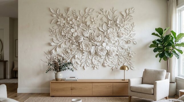 A sophisticated modern living room featuring a large abstract metal wall sculpture as a focal point