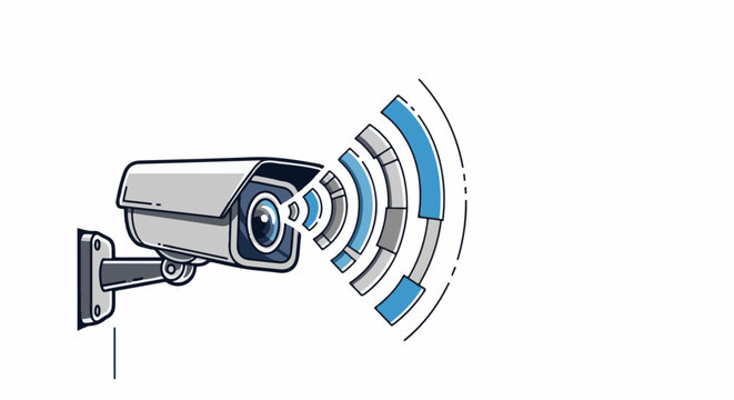 Modern security camera with wireless signal waves emanating outwards