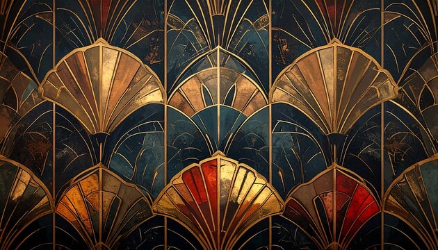 A symmetrical arrangement of metallic fan shapes in warm hues