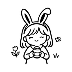 Dibujo sencillo con líneas de una niña contenta disfrazada con orejas de conejo de Pascua, sosteniendo un huevo de Pascua  © teracreonte