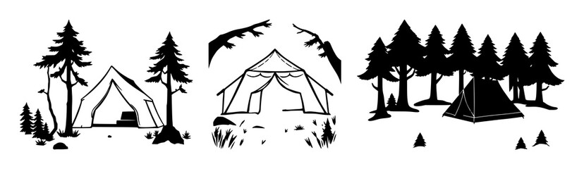 Forest camping tent icon set with solid black silhouette against white background featuring outdoors, camping, tent icon with design and illustration for travel, adventure, nature © MdBiplob