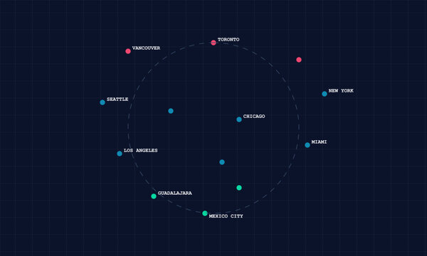 Hand-drawn abstract data map visualization showing North American city locations for international sports tournament on dark authentic illustration