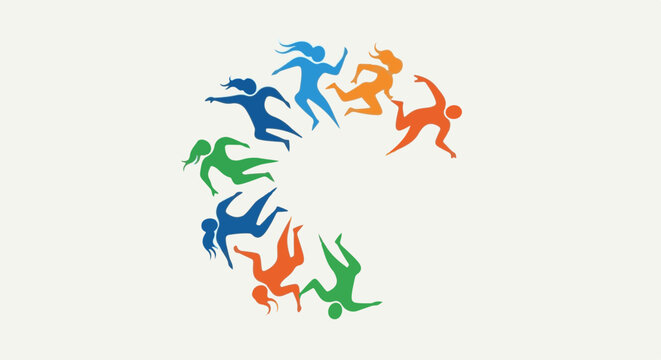 Colorful abstract figures form a circle of movement on a light background