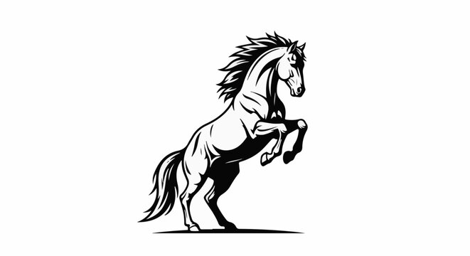 Stylized rearing horse, powerful and dynamic black and white illustration