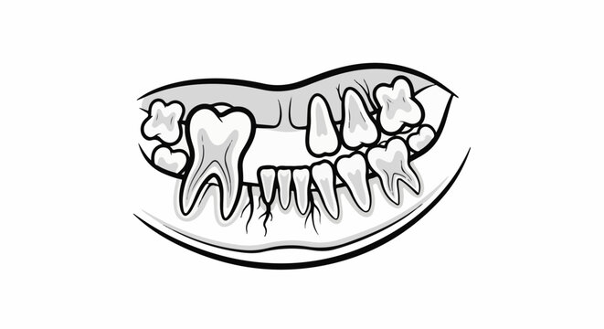 Black and white illustration of a human jaw with several missing teeth and varying tooth decay