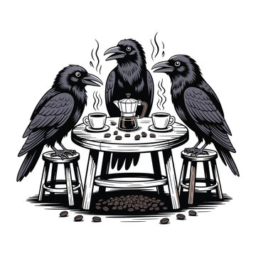 Three crows sitting at a table with coffee pot and cups enjoying a drink.