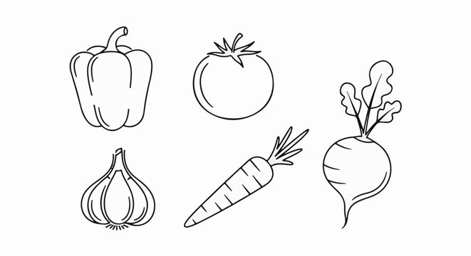 Black and white line drawings of common vegetables arranged in a composition