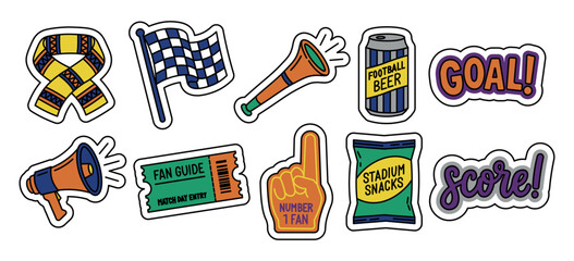 Football fan sticker set with sports gear, scarf, flag, megaphone, and stadium snacks. Vibrant flat line art icons for match day, soccer fans, and athletic championship events. © Анастасія Маленко