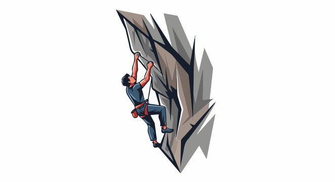 Stylized person scaling a jagged rock formation with red climbing gear