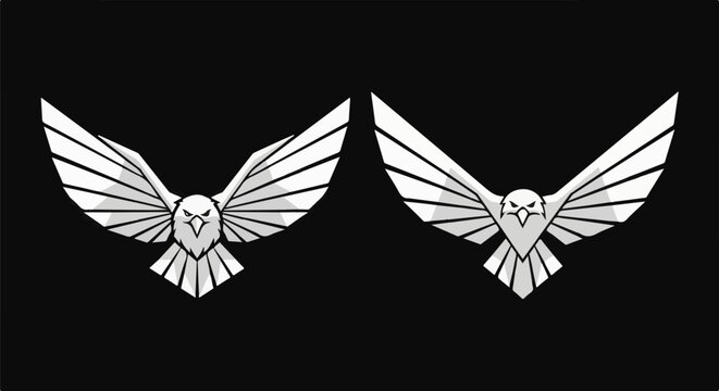 Two stylized white eagles with outstretched wings on black background
