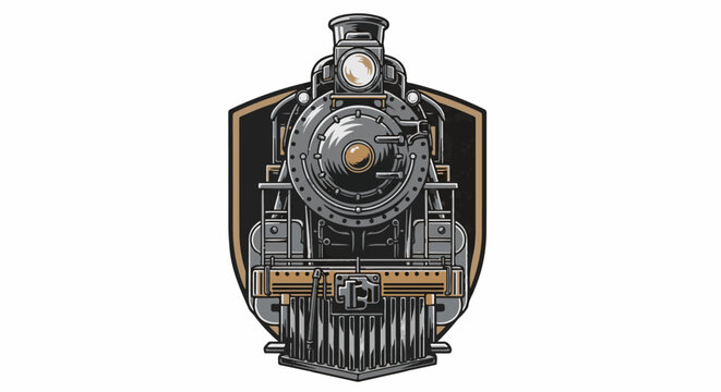 Close up, front view of a detailed, vintage steam locomotive's engine