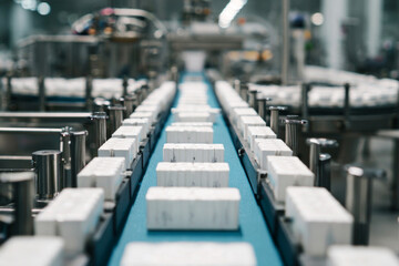 Fototapeta premium Rows of white pharmaceutical blister packs move steadily along a blue conveyor belt