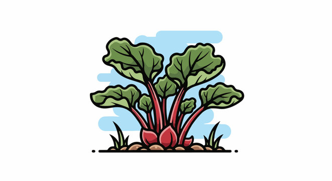 Cartoon illustration of a vibrant rhubarb plant growing in soil under a blue sky