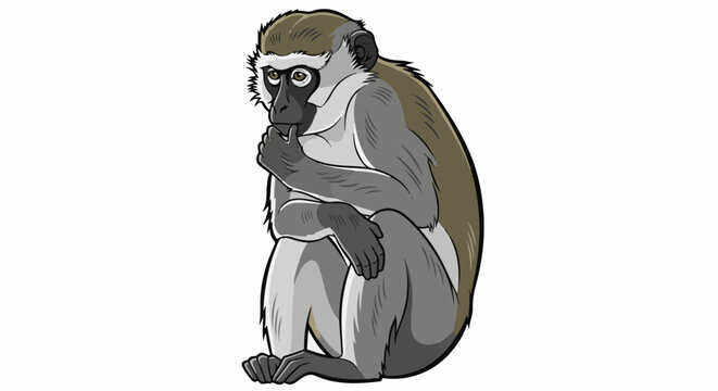 Cartoon monkey sitting and thoughtfully touching chin
