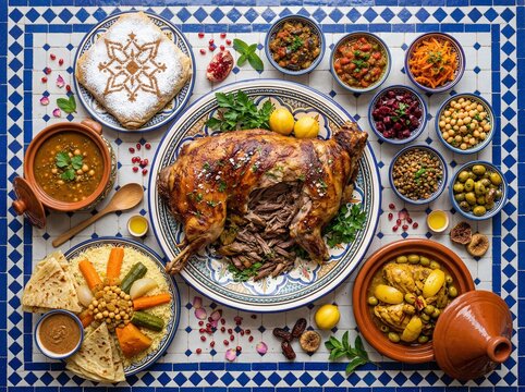 Traditional Moroccan Diffa Feast Overhead Flat Lay with Mechoui Lamb on Zellige Tile Table