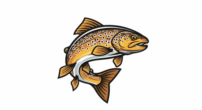 Cartoon brown trout fish jumping from water with detailed scales