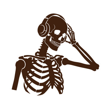 Brown skeleton wearing headphones and touching head in a funny pose isolated on white background