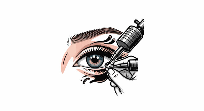 Artistic illustration of an eye receiving permanent makeup by a tattooing machine
