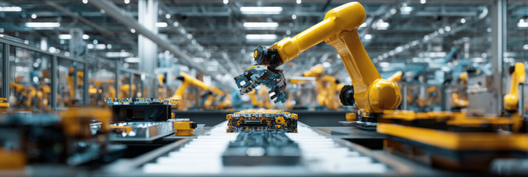 Robotic arm works to assemble components on a production line in a smart manufacturing plant. Automation and precision are key aspects of this modern factory setting