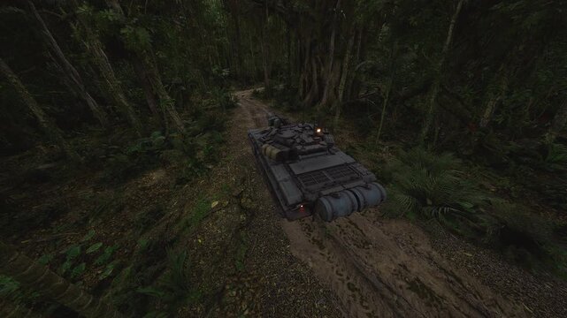Isolated tank cutting through wet forest floor, deep ruts carved in mud, weathered paint streaks and moss patches, somber solitude amid rugged terrain