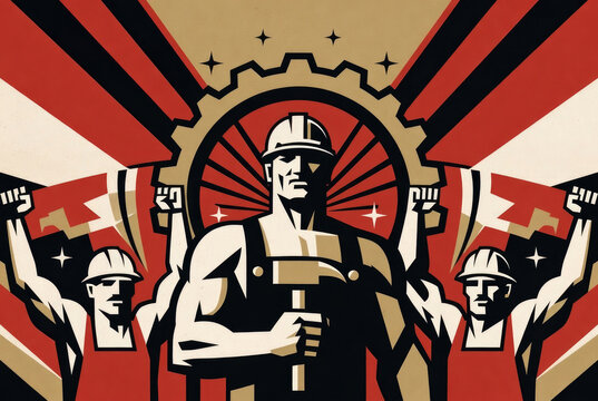Vintage Soviet and German Propaganda Poster with Strong Worker
