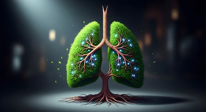 A creative illustration of lungs made of green trees with glowing blue lights in a dark background
