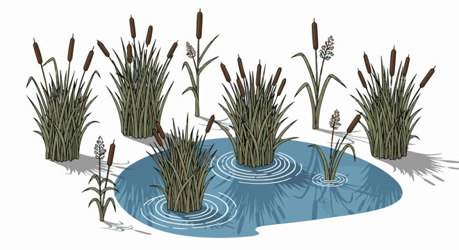 Cattails grow in a marshy pond with ripples and shadows