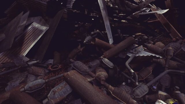 Tangled pipes and metal scraps, exhaust sections and bent sheets, industrial jumble with oil stains and fasteners, workshop salvage scene suitable for mechanic