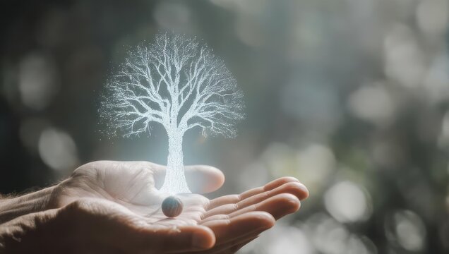 Hand holding a glowing tree seedling with a seed in a mystical forest.