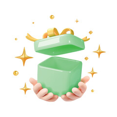 Obraz premium Hands holding green gift box with gold ribbon and bow, Surprise Birthday, anniversary, prize concept Arms wrapping, preparing gift ,Giveaway, secret offer,